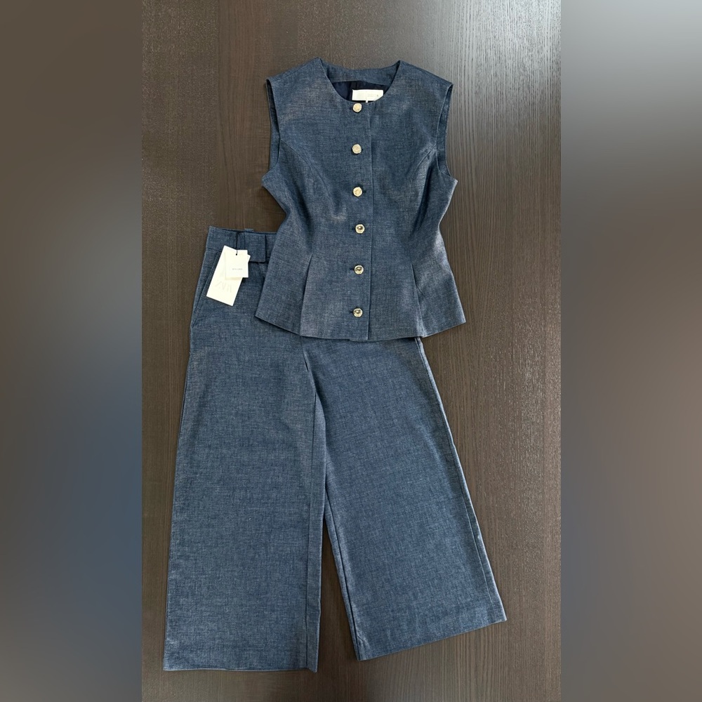 Tailored Sleeveless Button-Front Denim Vest & Wide-Leg Pants Set - Denim - Picture 15 of 15